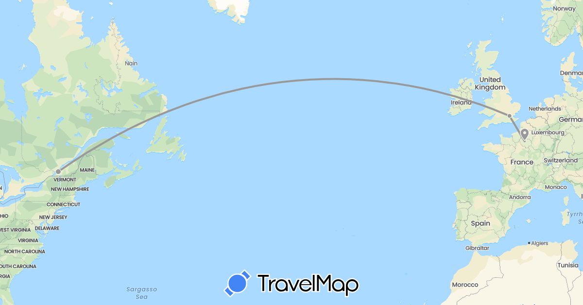 TravelMap itinerary: driving, plane in Canada, France, United Kingdom (Europe, North America)